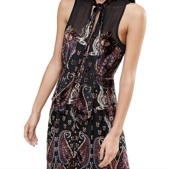 Free People Black & Brown Printed Hands To Hold Front Slit Velvet Maxi Dress-2 - Picture 3 of 12